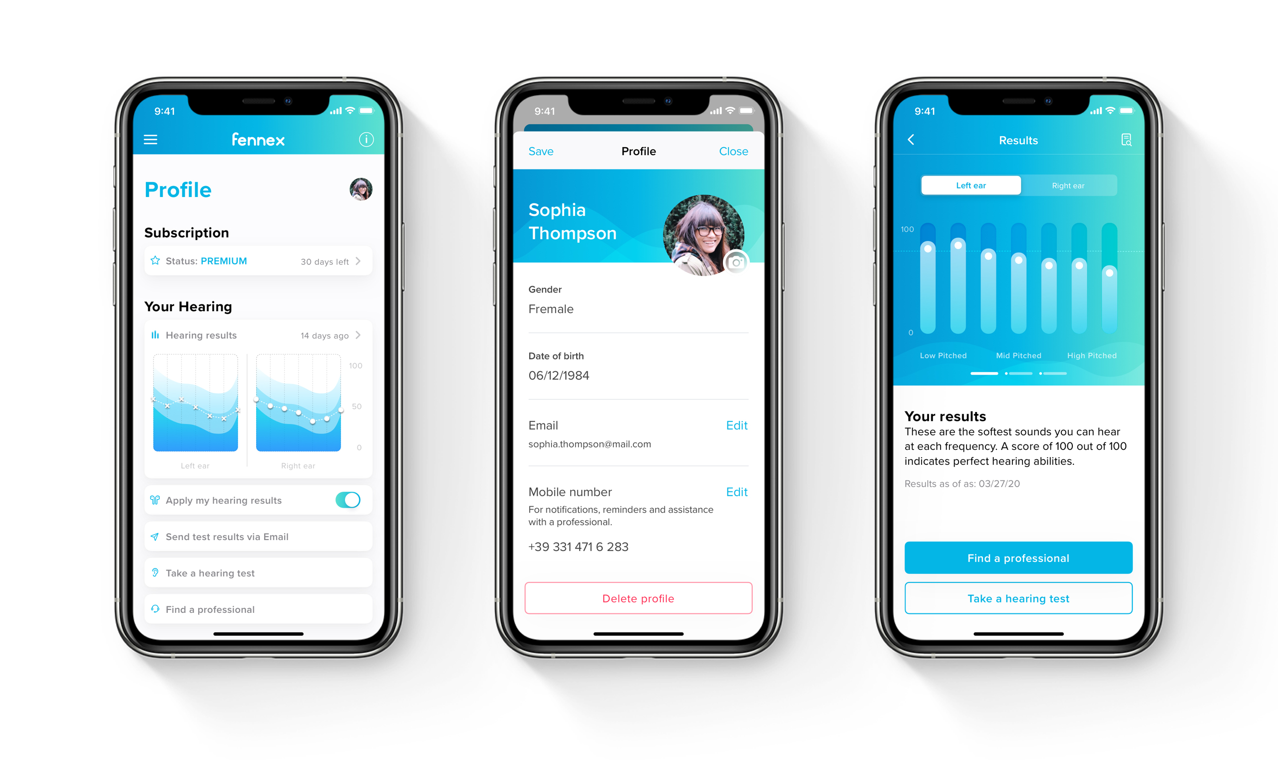 Fennex app UI profile and hearing results