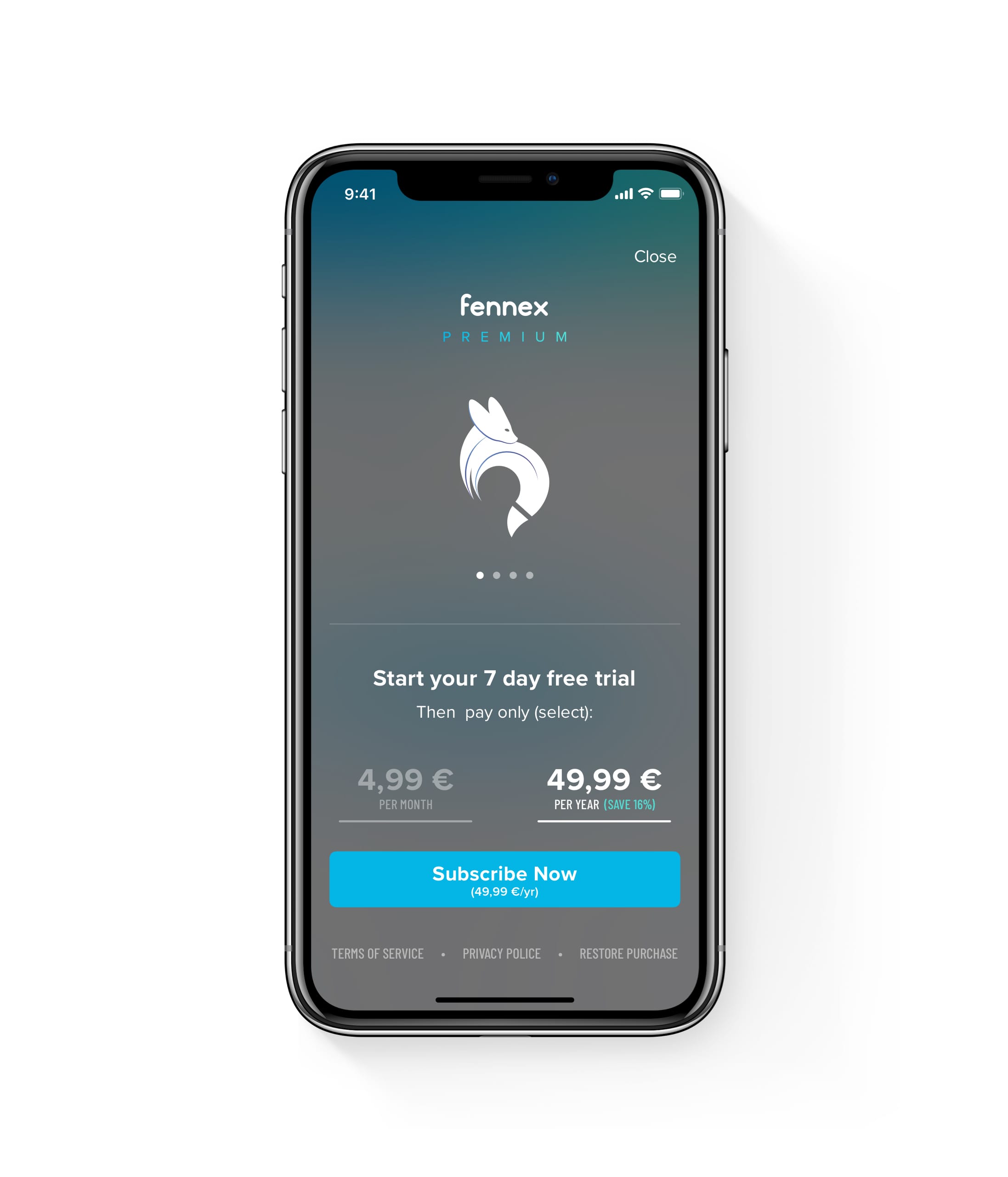 Fennex app UI subscription interface